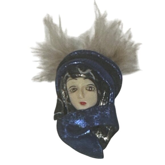 Jewelry - Vintage Lady Face Brooch With Blue Scarf & Feathers Artsy Boho Art Deco
